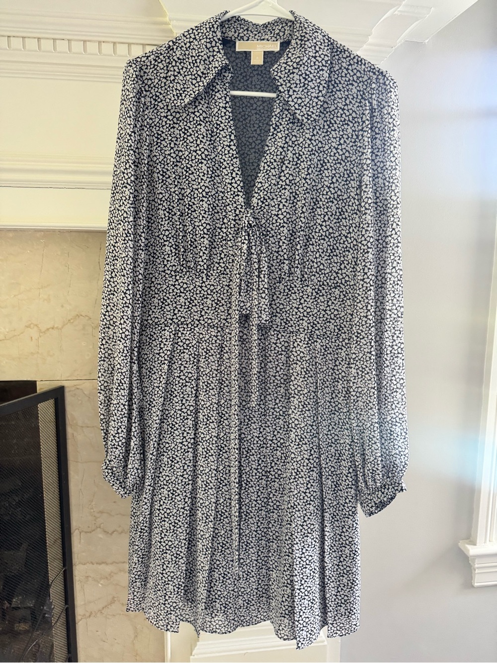 Michael Kors Black & White Long-Sleeve Tie-Front Floral Dress